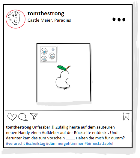 Tom schickt eine Nachricht in einem sozialen Netzwerk. Vermutlich ist sein neues Handy eine Fälschung.