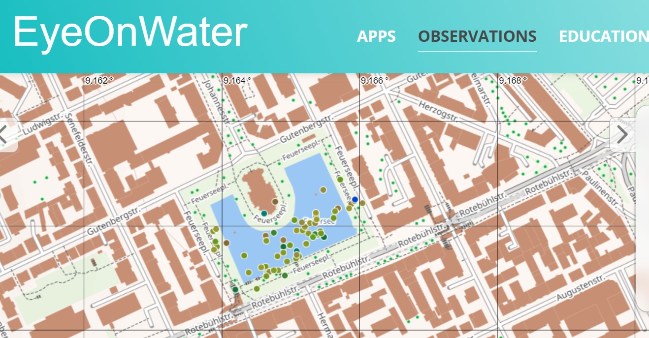 Screenshot der EyeOnWater-Seite mit Datenpunkten vom Feuersee in Stuttgart