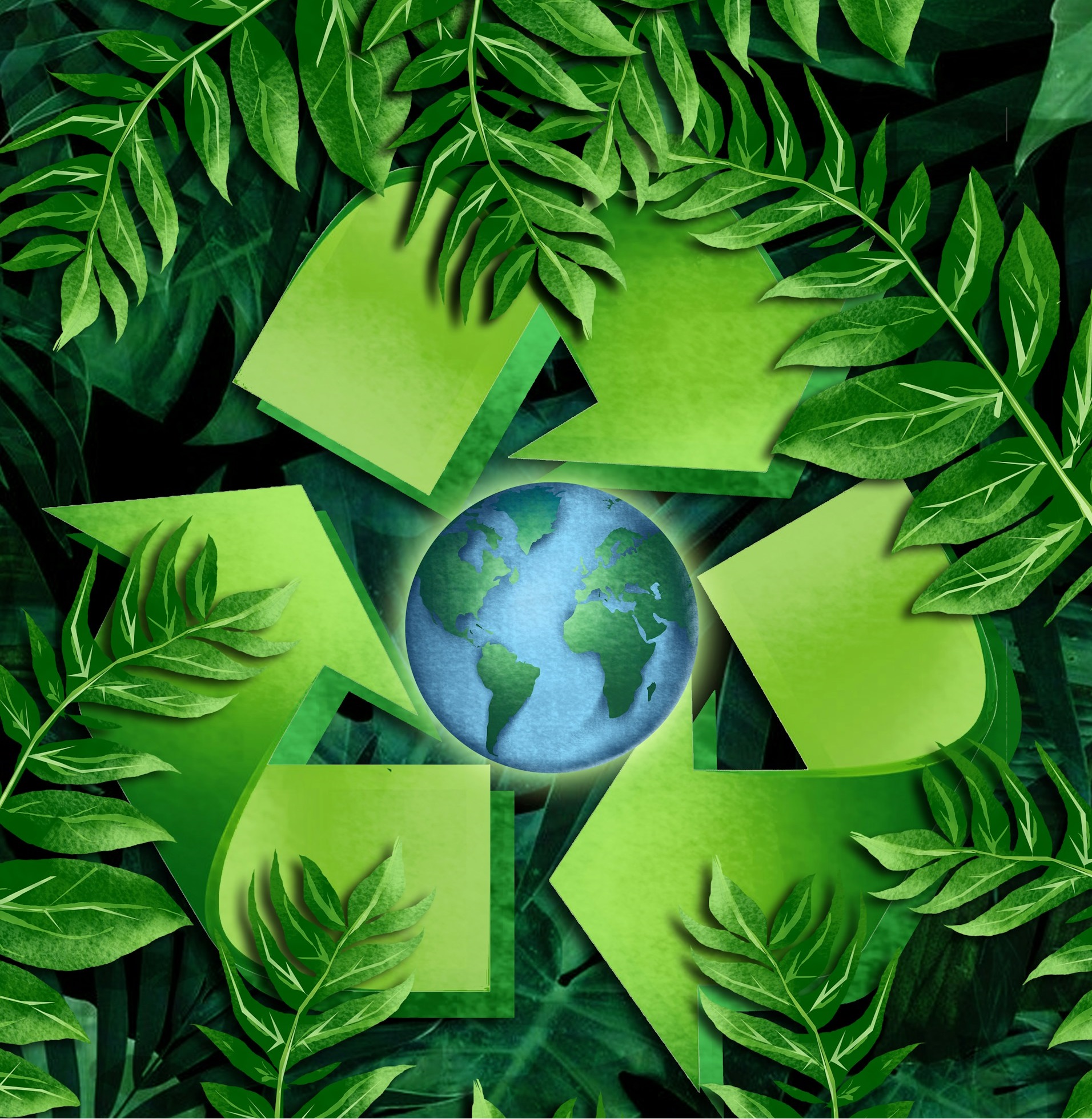 Das Bild zeigt eine Weltkugel in Mitten eines Recycle-Symbols