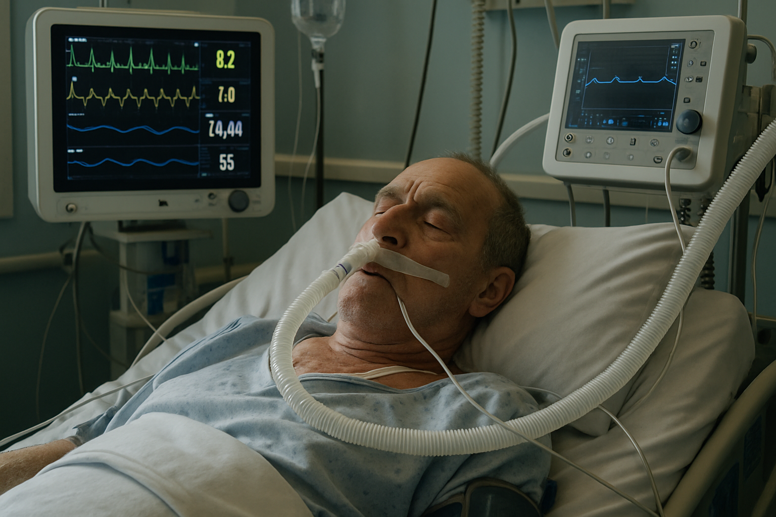 Ein Mann liegt auf einer Intensivstation und ist von medizinischen Geräten umgeben.