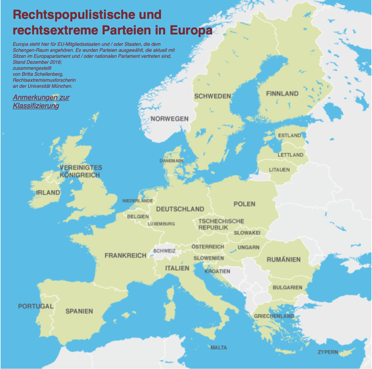 Karte: rechtspopulistische und rechtsextreme Parteien in Europa